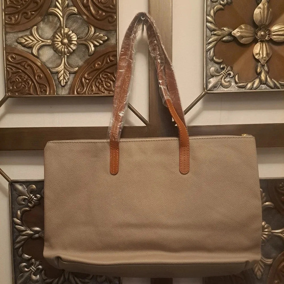 Joy Mangano NWOT Tan Leather Tote Bag - Picture 2 of 3